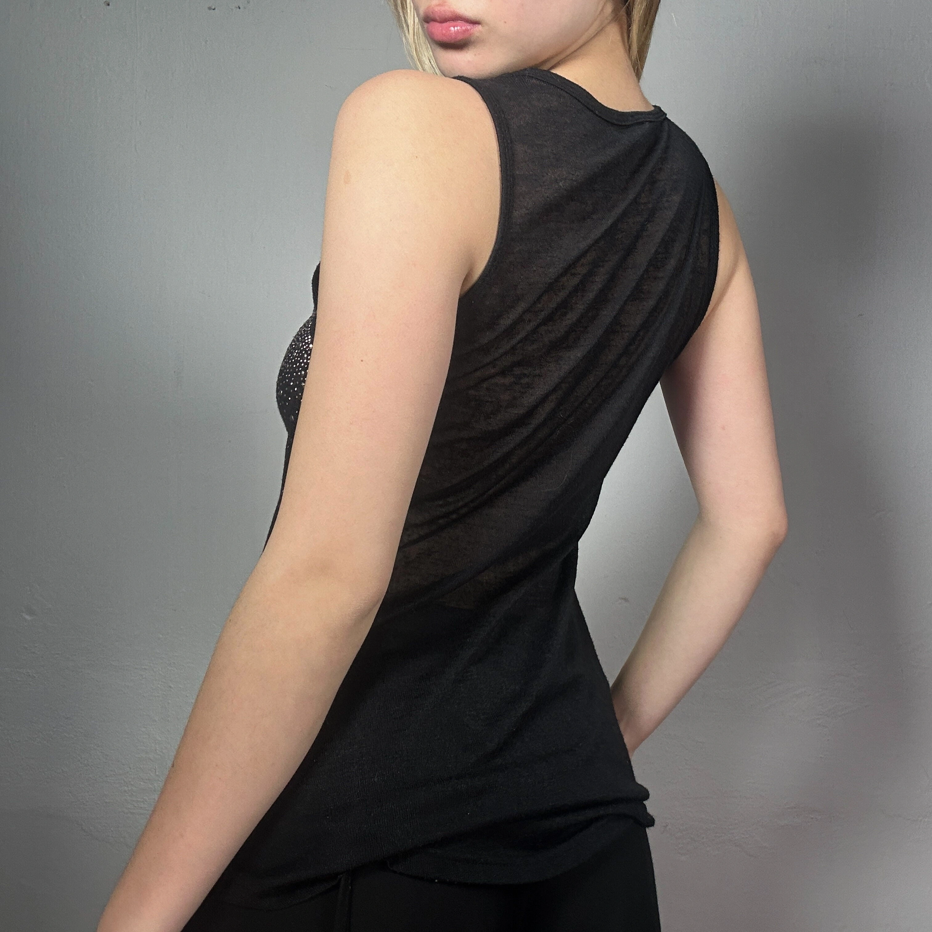 90s Black Tank Top Rhinestone Vintage Gem Detail Size Medium