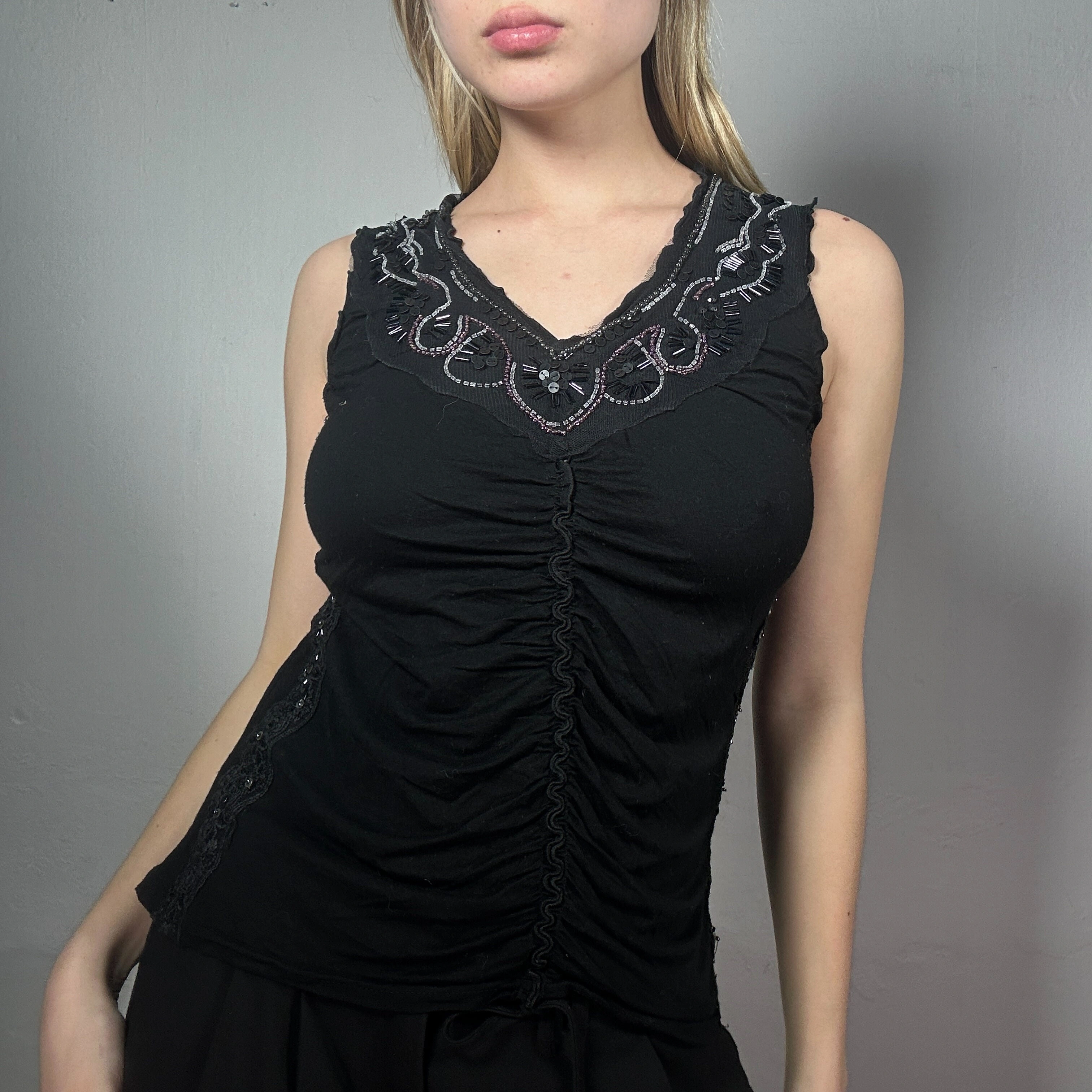Sizzling 90s Black Ruched Top  Embroidered Sleaze Vibe Small Size Vintage Babe Sexy Night Out